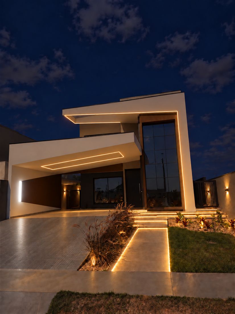 Fachada à noite com LED aceso (simulação por IA)