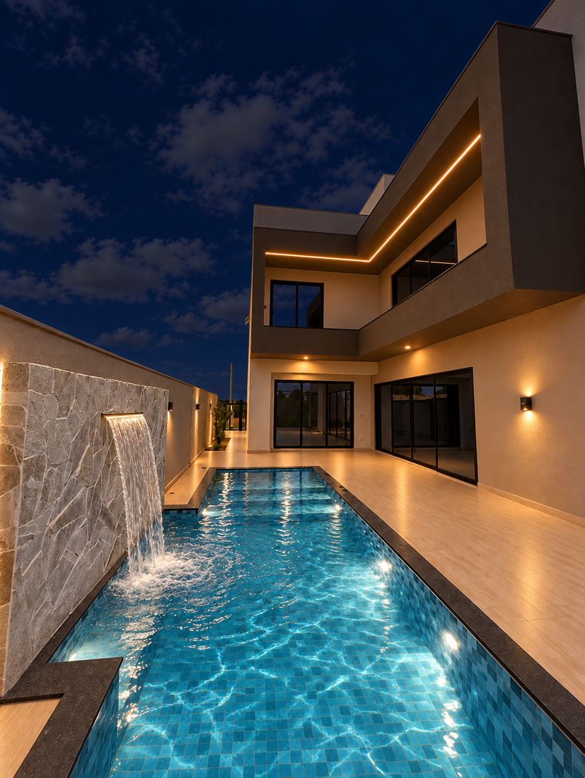 Piscina iluminada com cascata ligada (simulação por IA)
